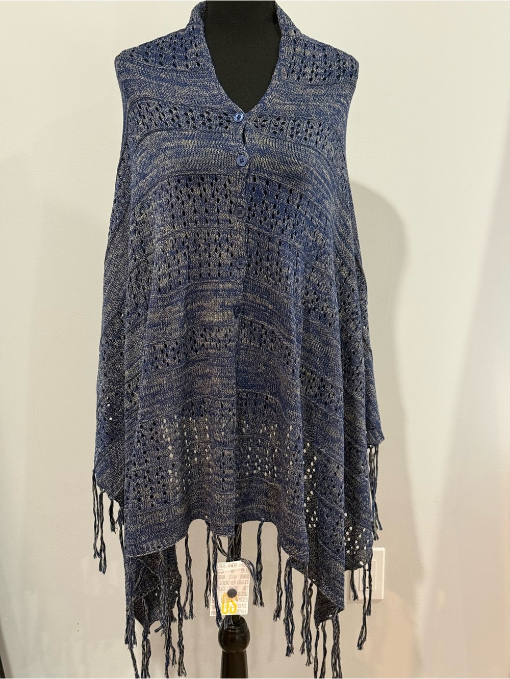 New LuLaRoe”Mimi” One Size Blue Knit Fringe Poncho Sweater 558